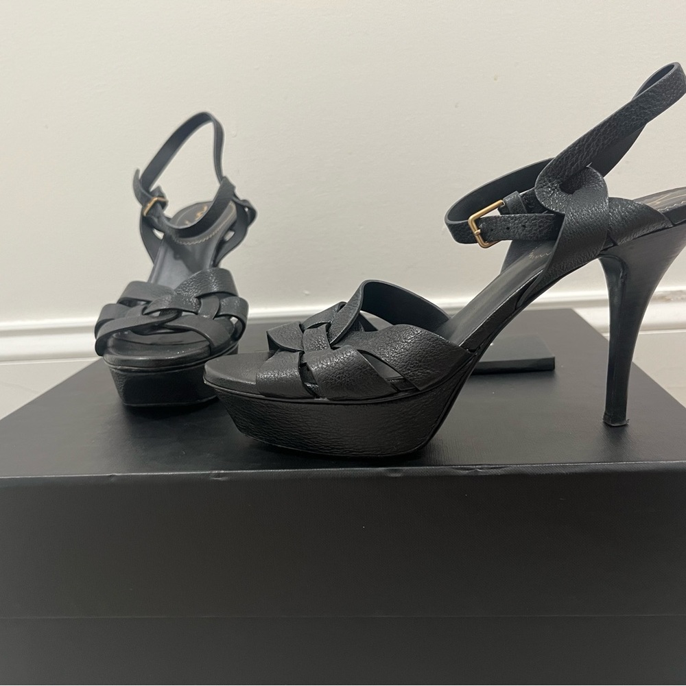 Saint Laurent Black Leather Tribute Platform Sandals Size 38.5